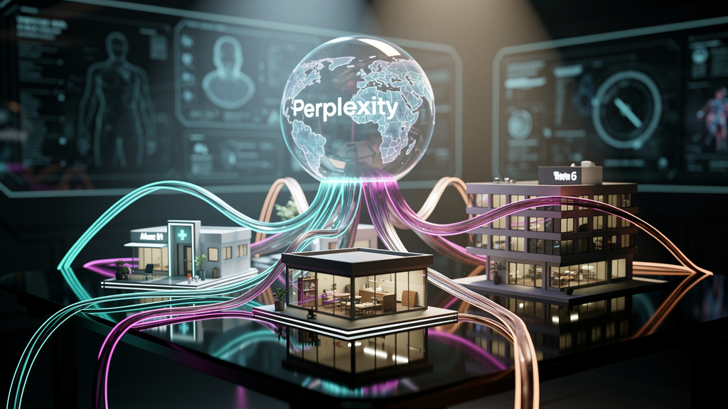Perplexity SEO: Como Clínicas e Consultórios Podem Atrair Mais Pacientes — Ilustração digital mostrando o logo do Perplexity com tentáculos que se estendem e abraçam ícones de clínicas, consultórios e