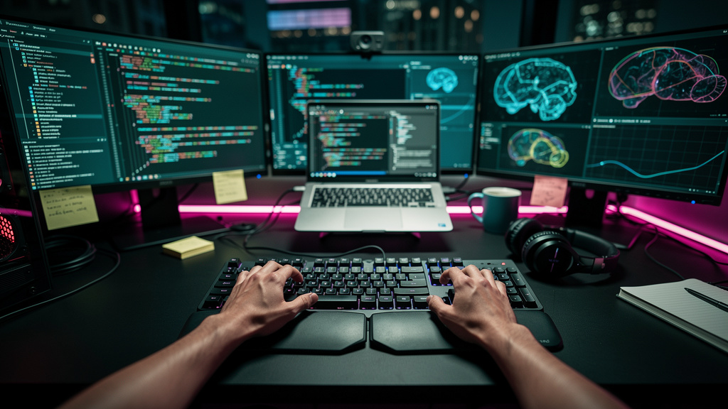 Perplexity SEO: Como Empresas de Tecnologia Dominam a Busca por IA — Um desenvolvedor de software trabalhando em um ambiente de desenvolvimento de IA complexo, com várias telas exibindo código e model