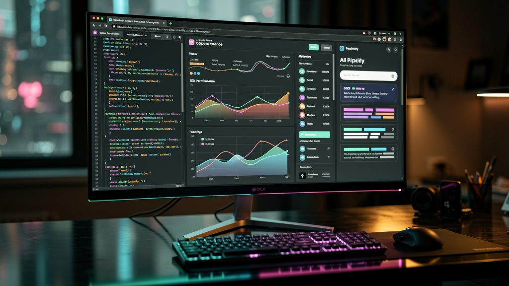 Perplexity SEO: Como Rankear Cursos Online em IA — Um close-up de uma tela de computador mostrando várias janelas abertas. Uma janela exibe o código de um algoritmo de IA, outra mostra um gráfico de d