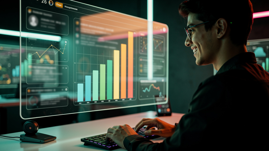 Perplexity SEO: Domine a Busca por IA com Conteúdo Zero-Click — Ilustração digital mostrando um usuário sorrindo enquanto interage com uma interface futurista. A interface exibe um gráfico de barras m