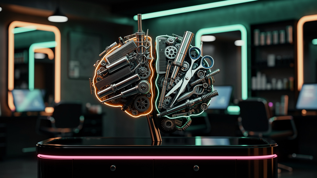 Perplexity SEO: Domine a Busca por IA no seu Salão de Beleza — Ilustração digital de um cérebro estilizado feito com ferramentas de beleza (tesouras, pentes, secadores) e engrenagens, representando a 