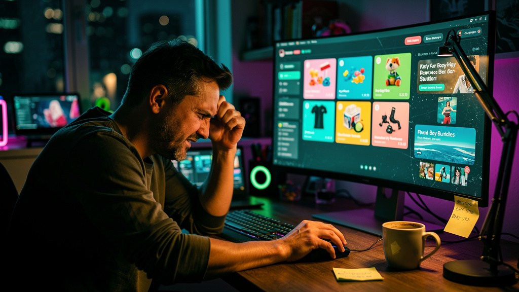 Personalização com IA: previsões de especialistas para 2026 — Um cliente frustrado em frente a um computador, cercado por ofertas genéricas e irrelevantes. A tela exibe uma interface confusa e impesso