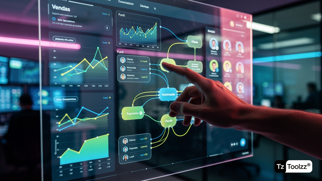 Pipeline de IA: Maximize seu CRM com Agentes Inteligentes da Toolzz — Close-up de uma mão humana interagindo com uma tela sensível ao toque exibindo um painel de controle de CRM complexo. A interface