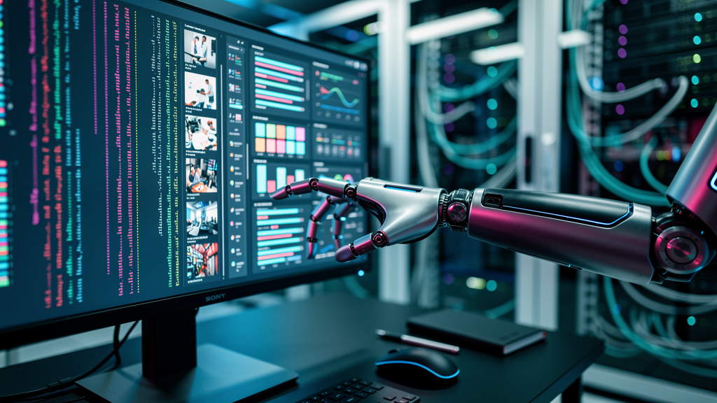 Planejamento estratégico de Blog IA para TI em 2026 — Uma mão robótica elegantemente projetada estendendo-se para tocar uma tela de computador que exibe linhas de código e ícones representando artigos