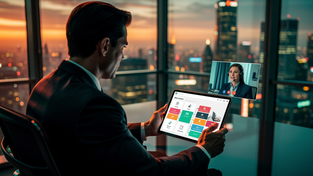 Planejamento estratégico de Fluxos de Human Approval para 2026 — Um executivo de terno, em um escritório moderno com janelas panorâmicas, utilizando um tablet. No tablet, um dashboard da Toolzz exibe