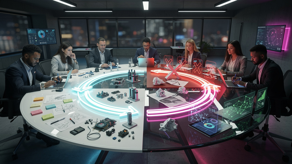 Planejamento estratégico de inovação para 2026 — Um diagrama de fluxo visualmente atraente mostrando um ciclo contínuo. O ciclo começa com 'Ideação', segue para 'Implementação', depois 'Fracasso', e e