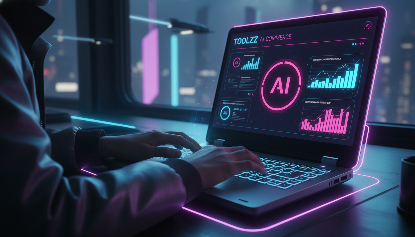 Planejamento estratégico de Instagram Commerce IA para 2026 — Um close-up das mãos de um especialista em marketing digital digitando em um laptop, com a tela mostrando um painel de controle da Toolzz 
