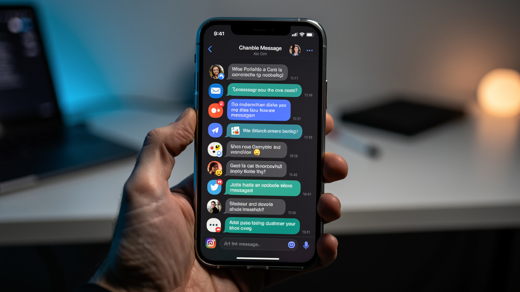 Plataforma Cativante: O Futuro da Experiência do Cliente e Colaborador — Um close-up de um smartphone mostrando uma interface de chat unificada, com conversas de diferentes canais (WhatsApp, e-mail, r