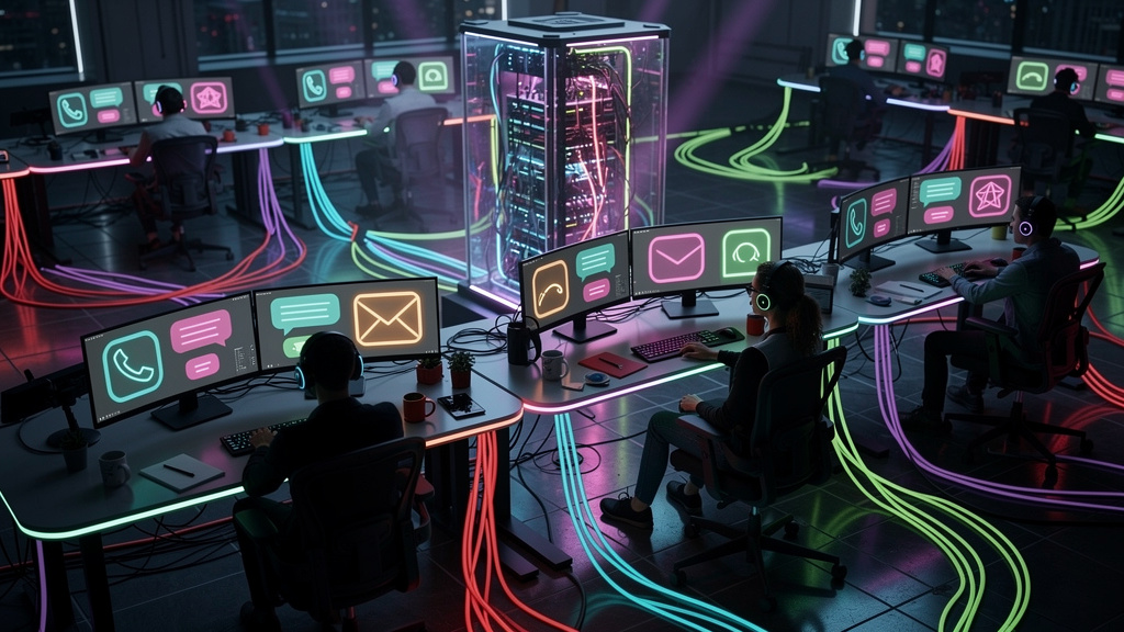 Plataforma de Atendimento Multicanal: O Guia Completo para sua Empresa — Ilustração isométrica vibrante de um call center moderno. Agentes de atendimento diversos (mulheres, homens, diferentes etnias)