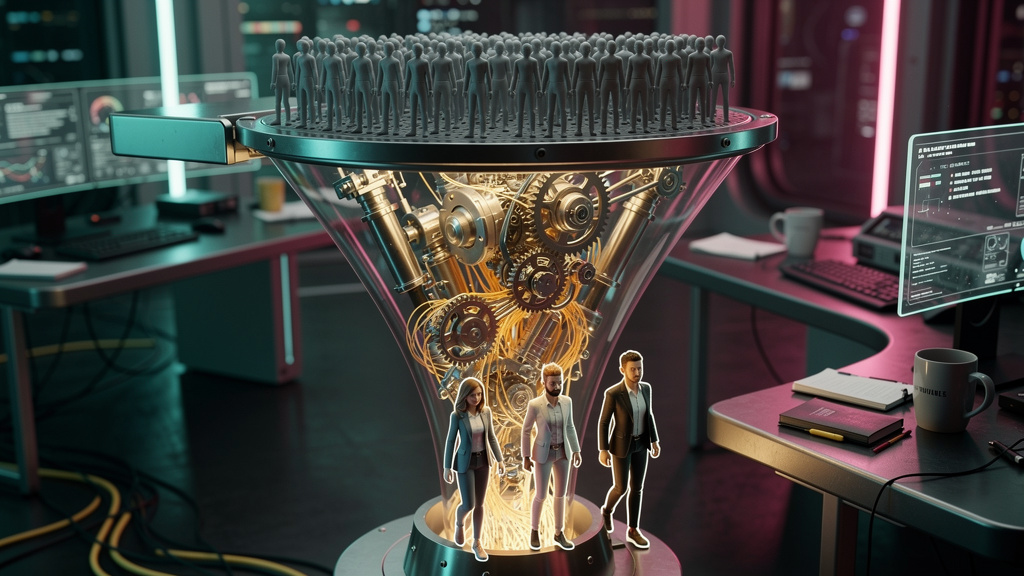 Plataforma de Automação de Marketing com IA: Guia Completo — Ilustração de um funil de marketing estilizado, onde leads entram na parte superior como figuras genéricas e, à medida que progridem pelo f