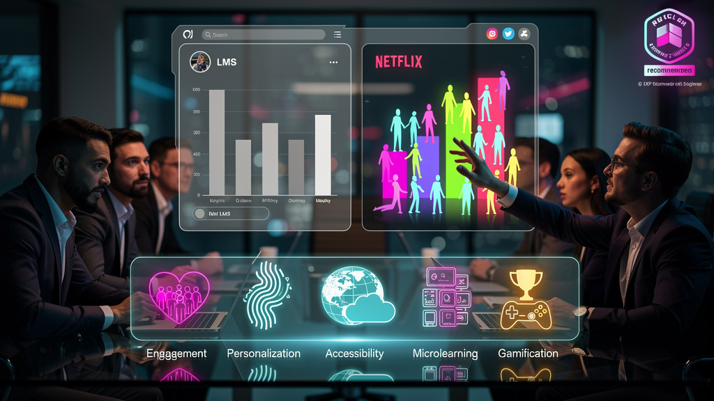 Plataforma de Cursos como Netflix: O Futuro da Educação Corporativa — Um infográfico dividido em duas partes para carrossel no Instagram. Parte superior: gráfico de barras comparando o engajamento de 