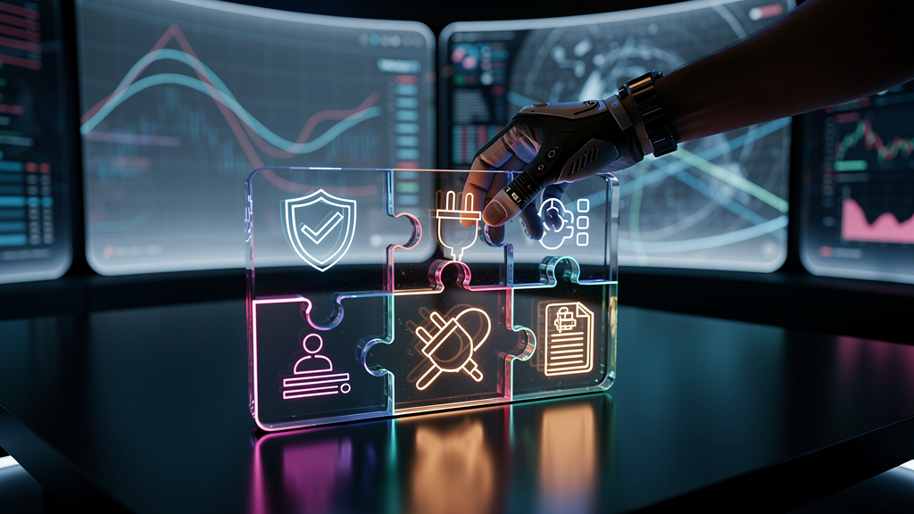 Plataforma de Negociação Online White Label: Guia Completo — Ilustração digital mostrando uma plataforma de negociação white label sendo montada como um quebra-cabeça. As peças do quebra-cabeça repres