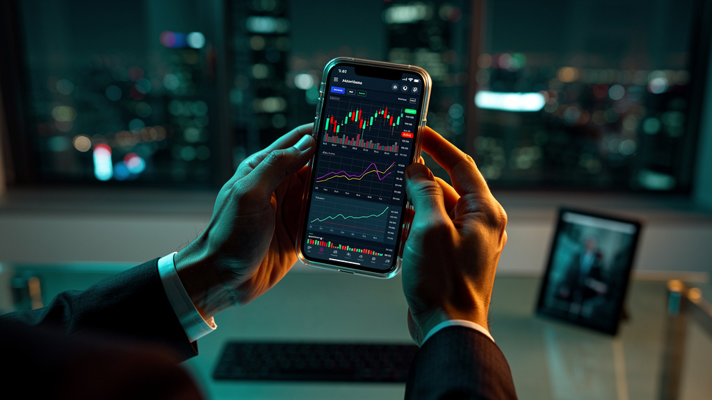 Plataforma de Negociação White Label: Guia Completo — Um close-up das mãos de um executivo segurando um smartphone que exibe uma plataforma de negociação white label totalmente personalizada com a mar