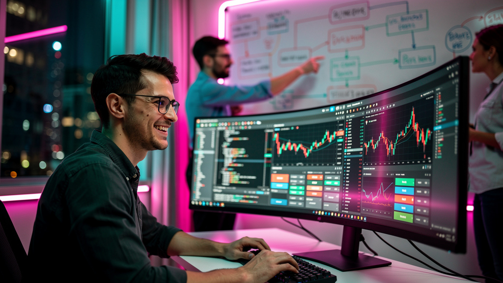 Plataforma de Negociação White Label: Guia Completo — Um desenvolvedor de software sorrindo, trabalhando em uma tela que mostra linhas de código de uma plataforma de negociação white label. Ao fundo, 