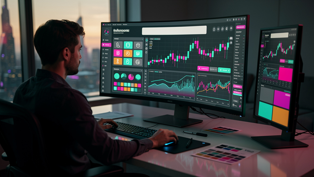 Plataforma de Negociação White Label: Guia Completo — Um designer de UI/UX trabalhando em uma interface de plataforma de negociação white label, com a tela mostrando elementos personalizáveis como log