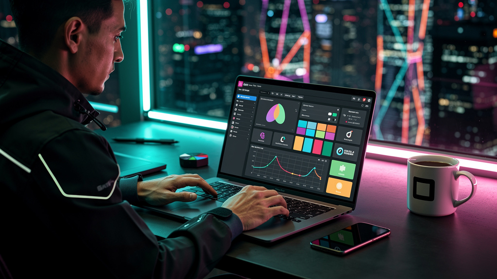 Plataforma de Negociação White Label: Guia Completo — Um designer trabalhando em uma interface de plataforma de negociação em um laptop. A tela do laptop mostra elementos de design personalizáveis, co