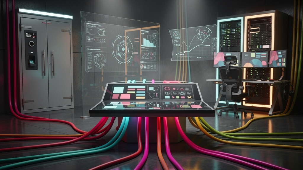 Plataforma de Negociação White Label: Guia Completo — Um diagrama ilustrativo mostrando uma plataforma de negociação white label como um centro de controle. Vários cabos coloridos conectam a plataform