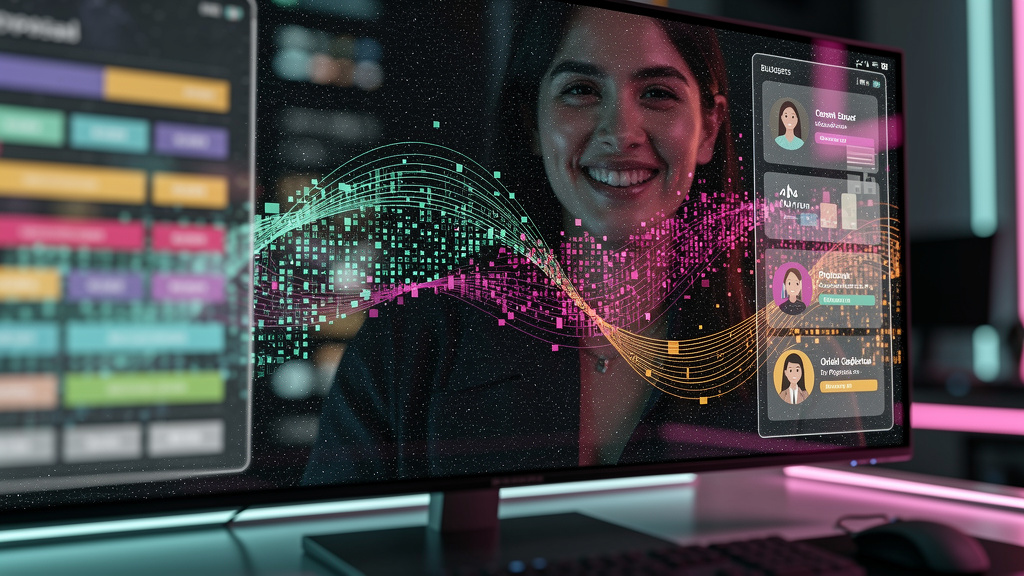 Plataforma de Orçamentos: A IA que Otimiza seu CRM — Um close-up, estilo macro, mostrando a tela de um CRM com dados de orçamentos sendo analisados por linhas de código de IA. A tela reflete a imagem 