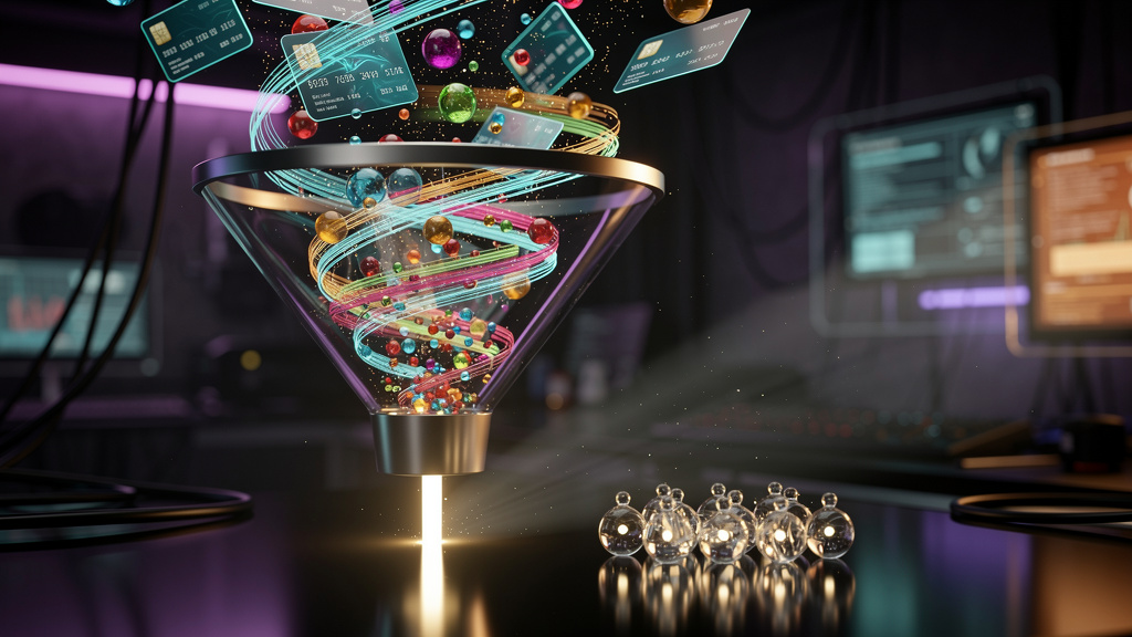 Plataforma de Prospecção com IA: Guia Completo para Geração de Leads — Um close-up estilizado de um funil de vendas digital, onde leads entram na parte superior e são filtrados por algoritmos de IA re