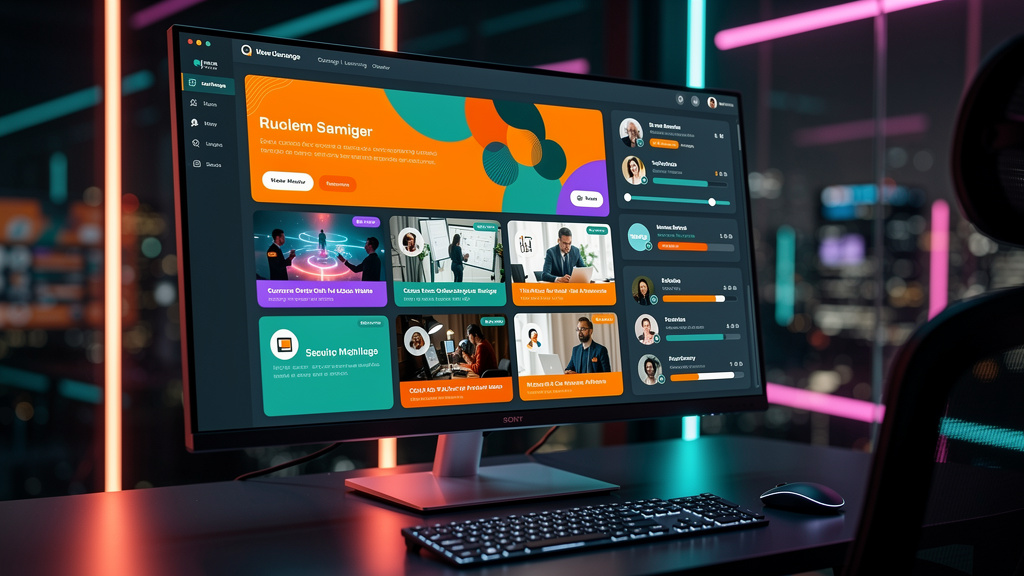 Plataforma EAD White Label: Guia Completo para sua Empresa — Close-up de uma tela de computador exibindo uma plataforma EAD totalmente personalizada com o logo e as cores vibrantes de uma empresa mode