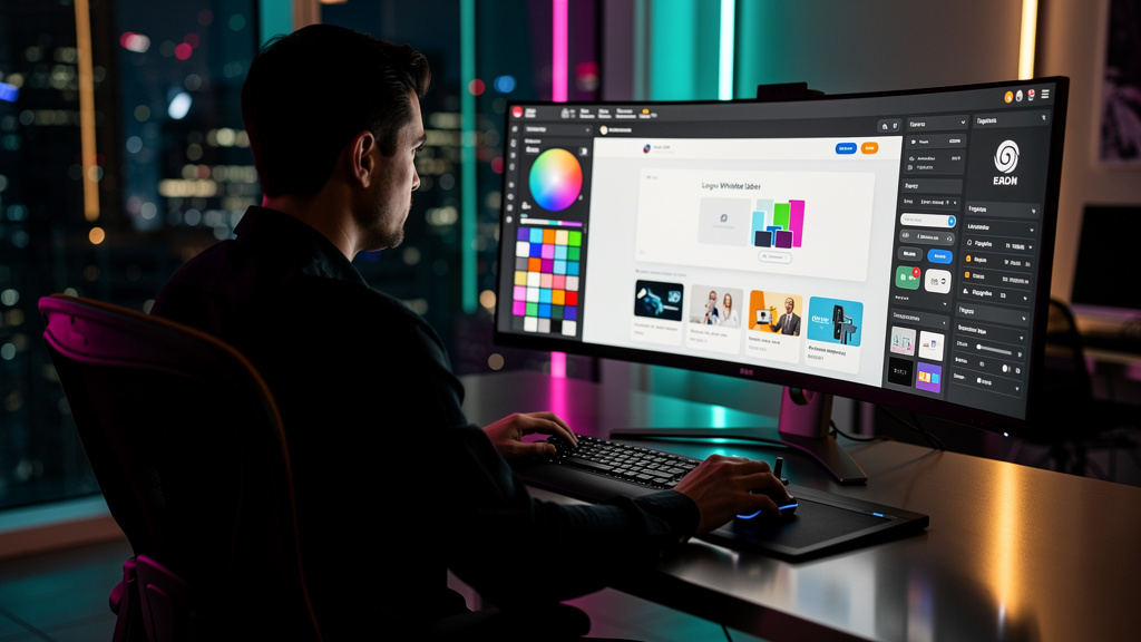Plataforma EAD Whitelabel: O Guia Completo Para Sua Empresa — Um designer trabalhando em uma tela de computador, personalizando a interface de uma plataforma EAD. A tela mostra diversas opções de cust