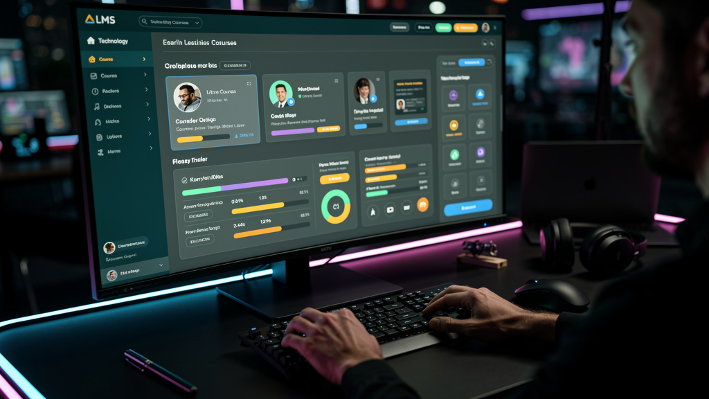 Plataforma LMS White Label: Guia Completo para sua Empresa — Close-up de um monitor exibindo a interface de uma plataforma LMS white label totalmente customizada com o logo e as cores de uma empresa d