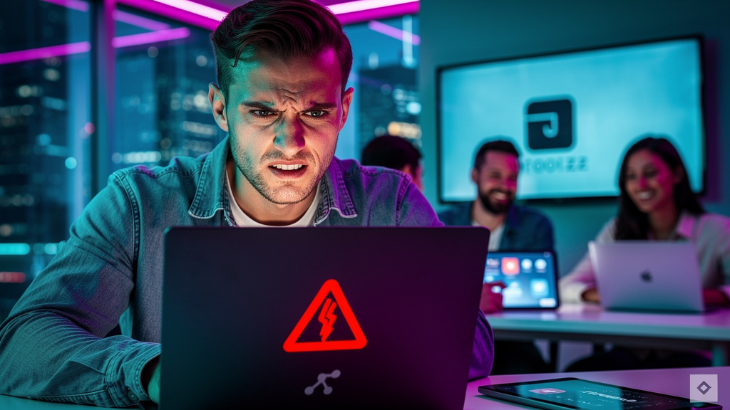 Plataforma LXP fora do ar: cenário, tendências e perspectivas em 2026 — Um funcionário frustrado diante de um laptop com uma tela de erro de conexão, enquanto seus colegas ao fundo conseguem acessar n