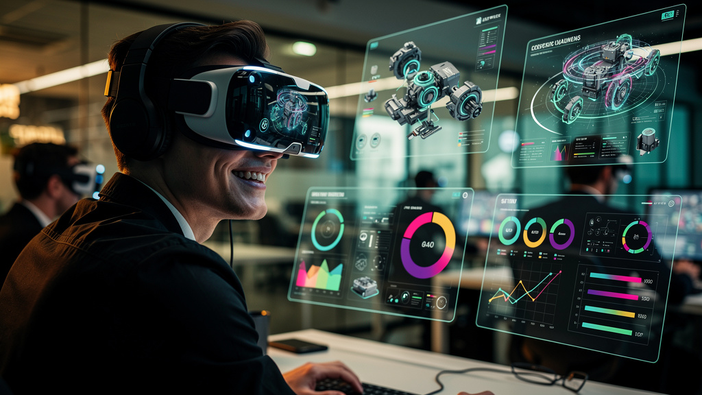 Plataforma LXP: Guia Completo para a Experiência de Aprendizagem — Um funcionário sorrindo, usando óculos e fones de ouvido, imerso em um ambiente de realidade virtual que simula um cenário de treinam