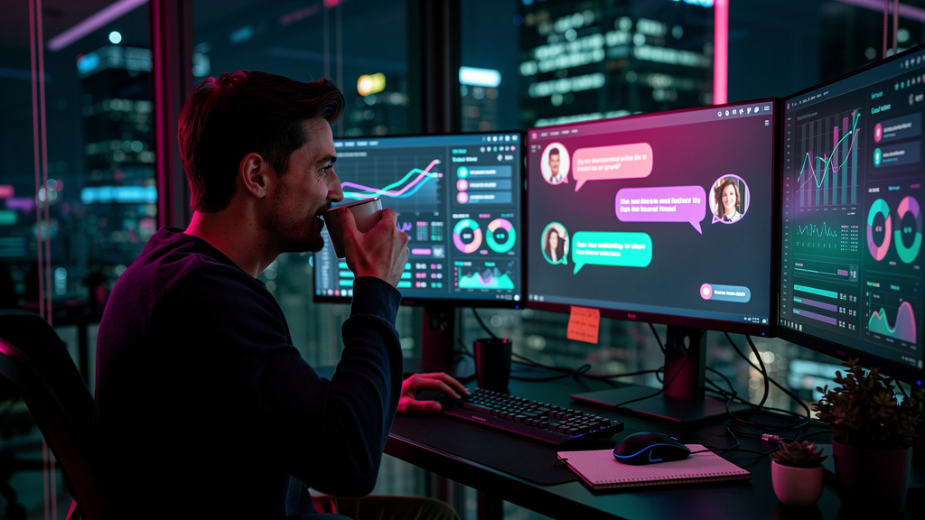 Plataforma SDR: A Revolução da Prospecção com IA — Um SDR trabalhando em um escritório moderno, cercado por telas mostrando dados e gráficos de leads. Em uma das telas, um agente de IA da Toolzz está