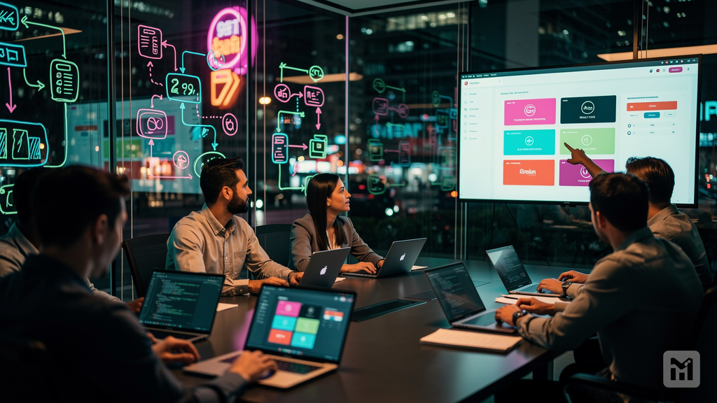 Plataforma White Label: O Guia Completo para sua Empresa — Um time de desenvolvimento em uma sala de reunião moderna, vidros com diversos diagramas de fluxo e arquitetura de software rabiscados. Em um