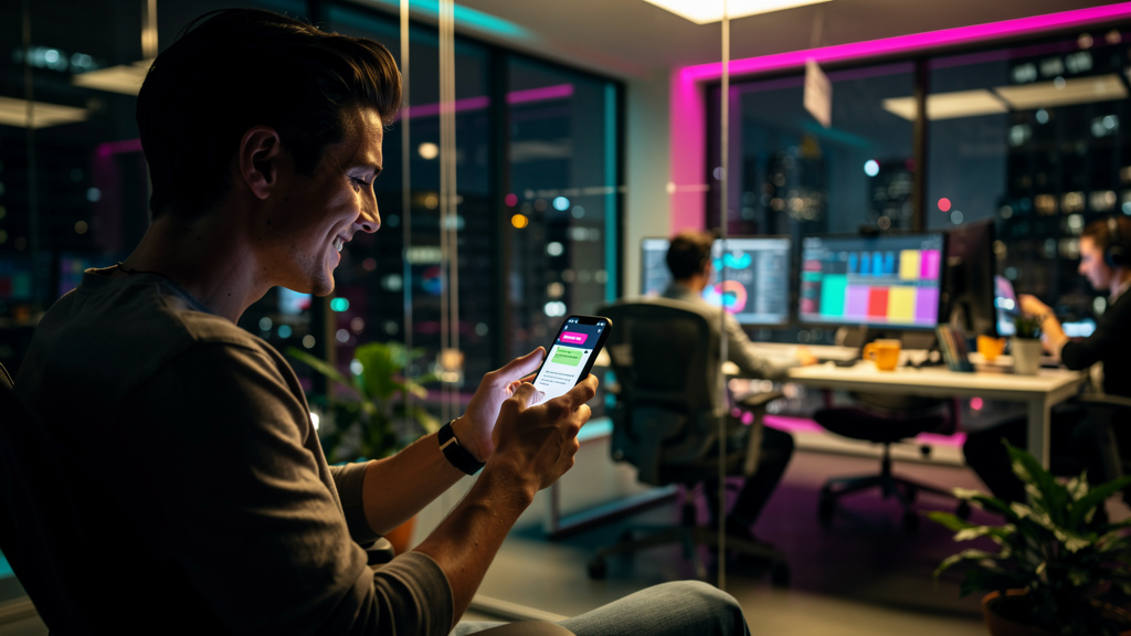 Plataformas de Conteúdo de Ajuda: Guia Completo — Um cliente sorrindo enquanto interage com um chatbot em seu smartphone. O chatbot exibe o logo Toolzz e oferece soluções personalizadas. Ao fundo, uma