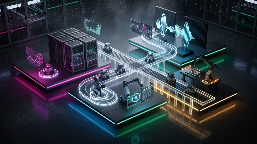 Plataformas de IA: Guia Completo para Empresas — Ilustração isométrica de uma plataforma de IA em nuvem, com diferentes módulos interconectados representando machine learning, PNL e visão computaciona