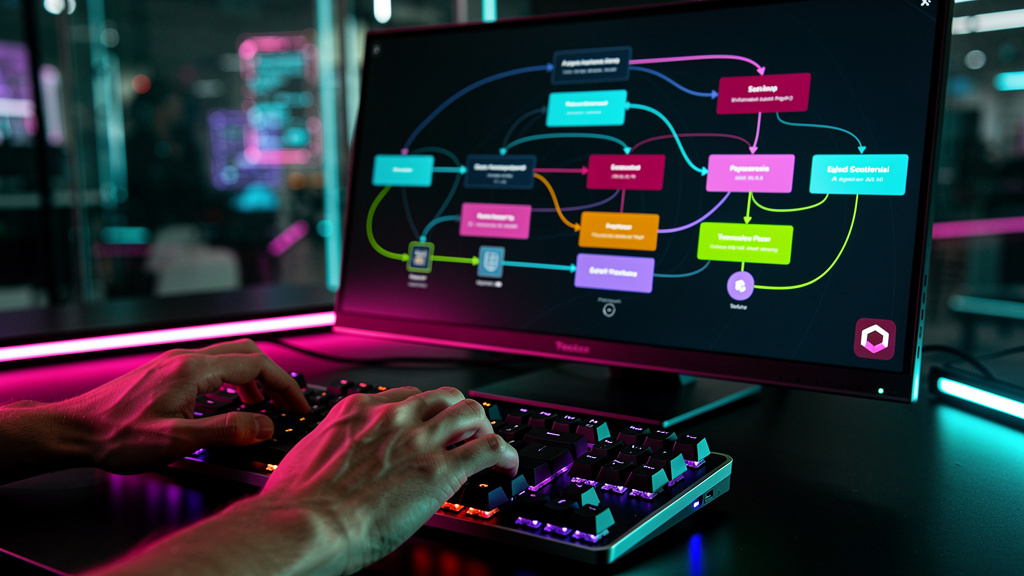 Plataformas de IA: Revolucionando o Workforce com Agentes Inteligentes — Um close-up das mãos de um desenvolvedor digitando em um teclado, com o reflexo da tela mostrando a interface de programação da