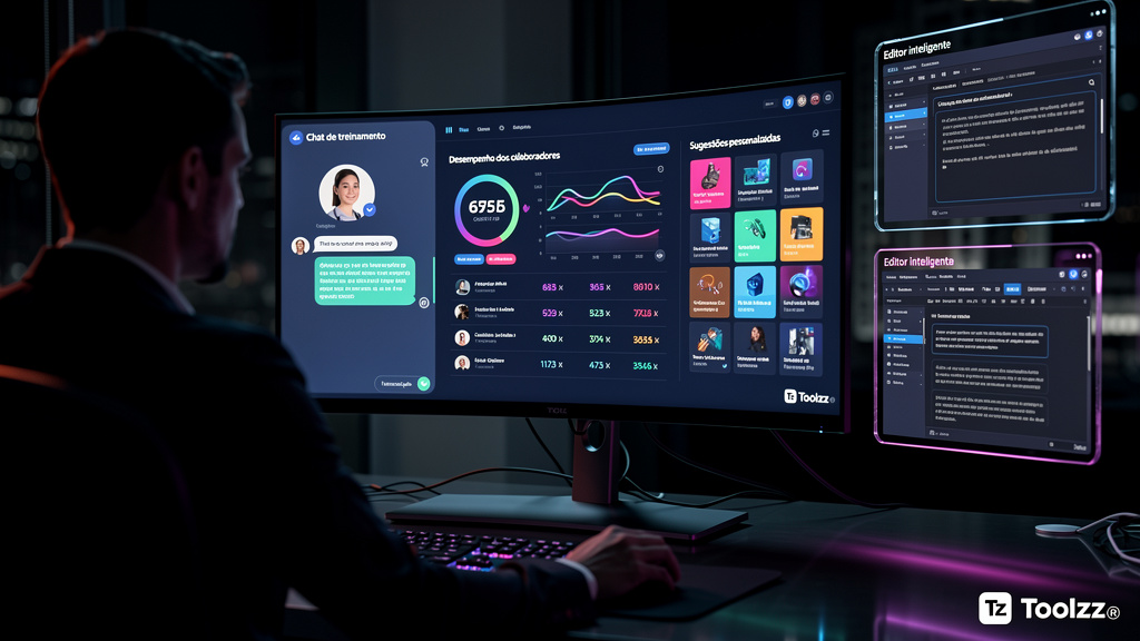 Plataformas de Treinamento com IA: O Futuro da Educação Corporativa — Ilustração isométrica detalhada de uma plataforma de treinamento com IA. Na interface, vemos representações visuais de diferentes 