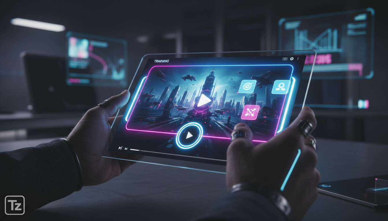 Player Customizado: O que é e como aplicar? — Um close-up das mãos de um usuário interagindo com um player de vídeo customizado em um tablet. O player exibe um vídeo de treinamento com elementos inter