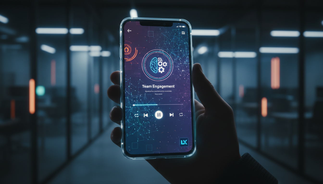 Podcasts Educacionais: O Guia Completo para sua EAD — Um close-up de um smartphone exibindo a interface de um aplicativo de podcast educacional. O usuário está visualizando um episódio sobre 'Engajame