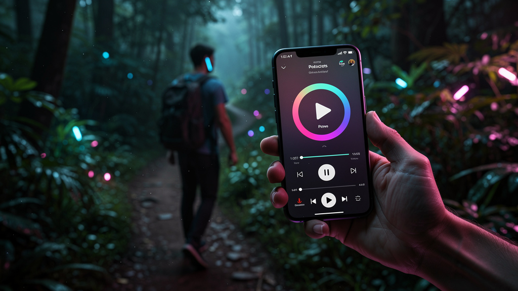 Podcasts Educacionais: O Guia Completo para sua EAD — Um close-up de um smartphone exibindo um aplicativo de podcast com a capa de um podcast educacional da Toolzz. O usuário está caminhando em uma tr