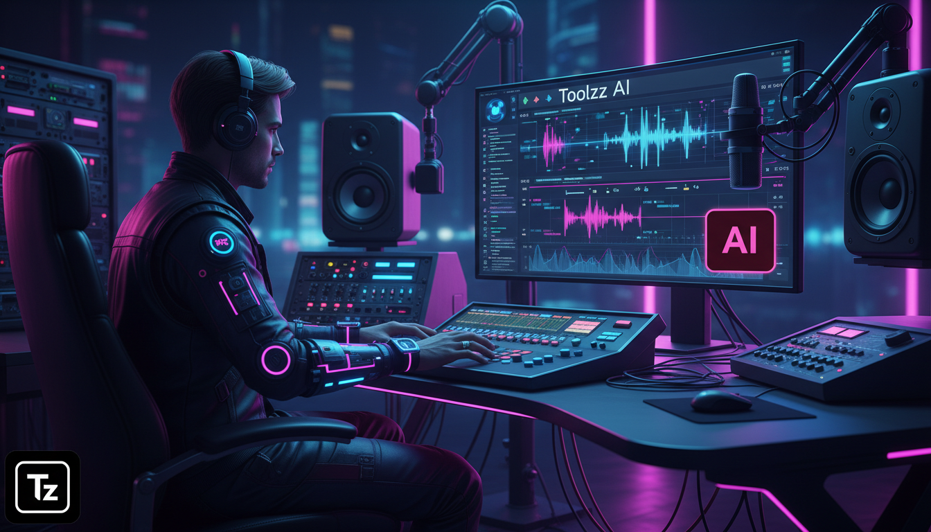 Podcasts Educacionais: O Guia Completo para sua EAD — Um designer de som em um estúdio moderno, editando uma trilha de áudio em um software com a interface Toolzz AI visível na tela. Foco nos detalhes