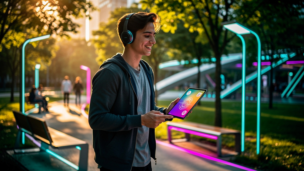 Podcasts Educacionais: O Guia Completo para sua EAD — Uma pessoa caminhando em um parque ensolarado, ouvindo um podcast educacional em seus fones de ouvido sem fio. A pessoa está sorrindo e segurando 