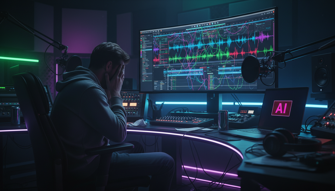 PodSync: Alinhamento de Áudio Preciso e o Poder da IA para Podcasts — Um editor de áudio frustrado, sentado em frente a uma tela de computador com várias formas de onda sobrepostas e desalinhadas. Ele