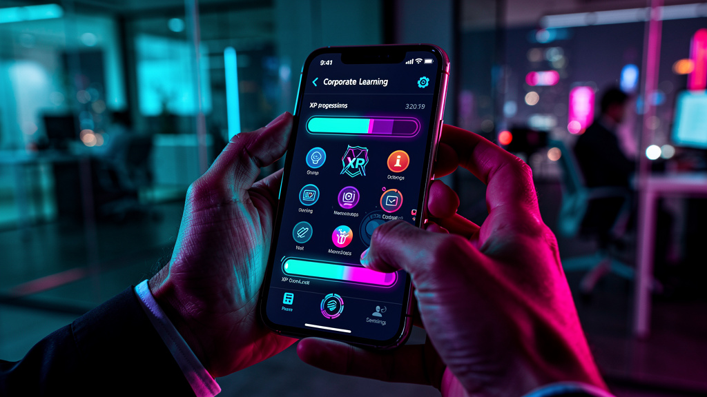 Pontos de XP na Educação Corporativa: O Guia Completo — Um close-up das mãos de um colaborador segurando um smartphone. A tela do smartphone mostra a interface de um aplicativo de educação corporativa