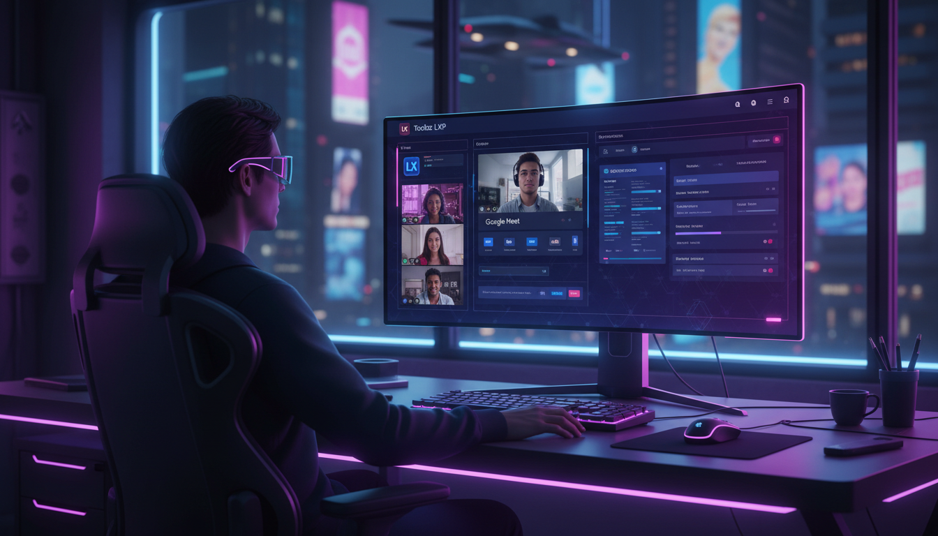 Por que 7 empresas já escolheram Toolzz + Google Meet no LXP em 2026 — Um designer UX em 2026 trabalhando em um monitor curvo ultra-wide que exibe o design da interface da Toolzz LXP integrada ao Goog