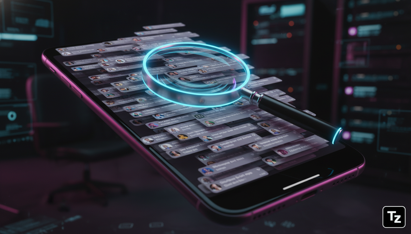 Por que 7 empresas já escolheram Toolzz IA para Redes Sociais — Close-up de uma tela de smartphone mostrando uma caixa de entrada do Instagram Direct lotada de mensagens não lidas. Uma lupa paira sobr