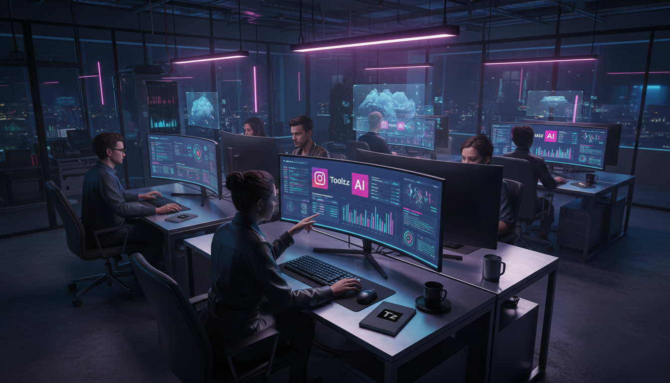 Por que 7 empresas já escolheram Toolzz para IA no Instagram em 2026 — Visão aérea de um escritório moderno e iluminado, com pessoas trabalhando em computadores. Em um dos monitores, uma tela exibe o 
