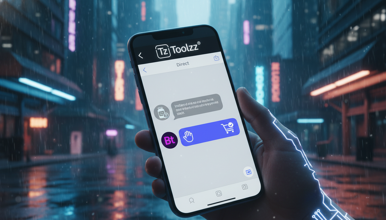 Por que 7 empresas já escolheram Toolzz para Instagram — Uma tela de smartphone mostrando uma conversa no Instagram Direct. A mensagem do cliente pergunta sobre a disponibilidade de um medicamento esp