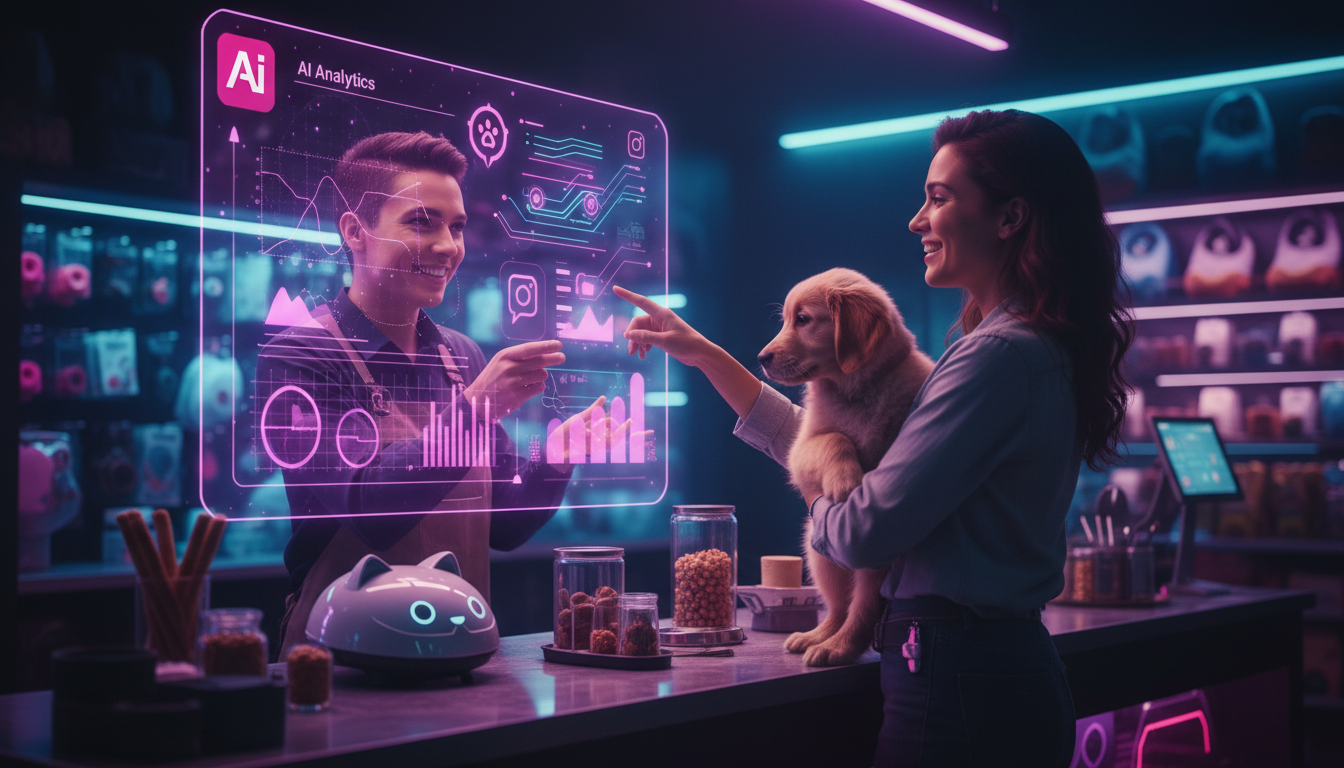 Por que 7 empresas já escolheram Toolzz para Instagram Commerce — Um balcão de pet shop movimentado, com um atendente sorrindo e interagindo com um cliente que segura um filhote de cachorro. No canto 