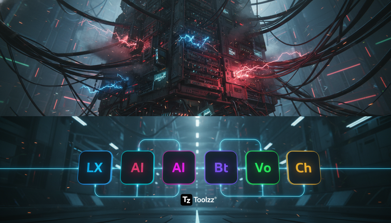 Por Que 90% dos Projetos de IA com Agentes Falham — Um diagrama visual que representa um 'Agente Deus' como um servidor central sobrecarregado com cabos e conexões emaranhadas, emitindo fumaça e faísc