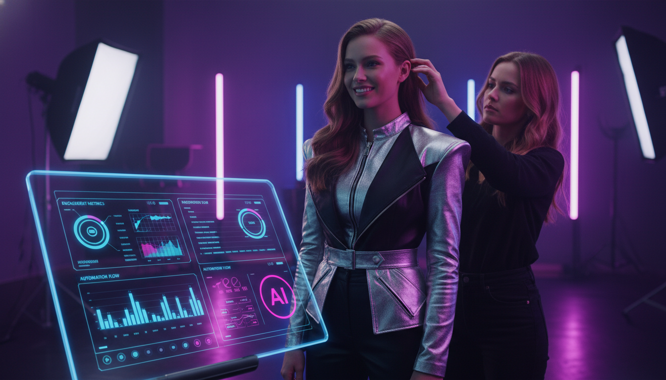 Por que a Automação no Instagram Falha e Como Evitar — Uma modelo vestindo um look moderno em um estúdio fotográfico elegante. Em primeiro plano, um tablet exibe um painel de controle da Toolzz AI, mo