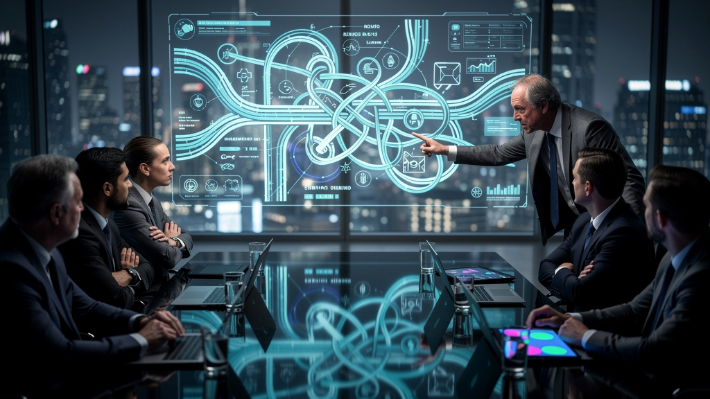 Por Que a Implementação de IA Falha e Como Evitar em 2026 — Um grupo de executivos em uma sala de reuniões, olhando para uma tela onde um mapa rodoviário complexo é projetado. O mapa está cheio de des