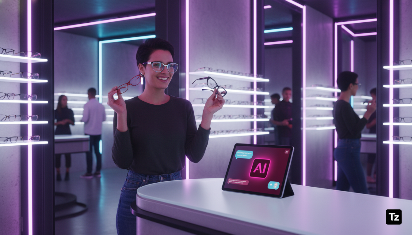 Por que Agendamento Automatizado é Essencial para Óticas — Uma pessoa sorrindo, experimentando diversos modelos de óculos em uma ótica moderna e bem iluminada. Ao fundo, um tablet exibe um chatbot da 
